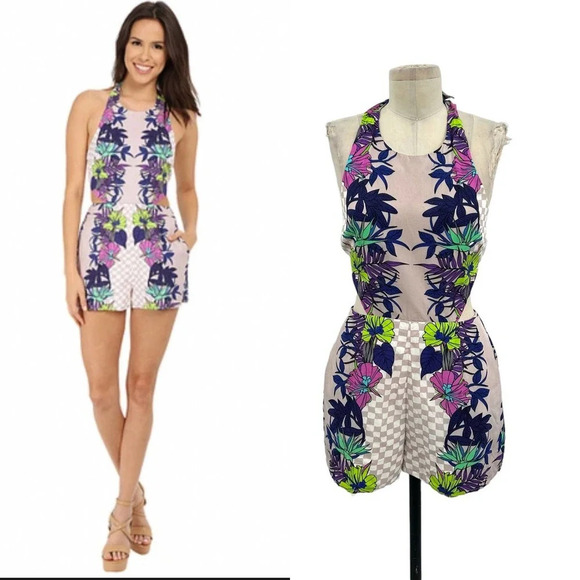 Mara Hoffman Jardin Tie Back‎ Cut Out Romper Purple Floral Check Size 2 - Picture 1 of 10